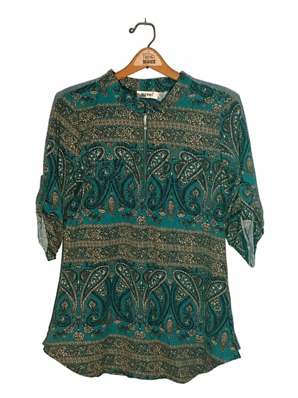 Bepei Teal & Gold Paisley Print 3/4 Sleeve Blouse With Zip Neck Womens Large